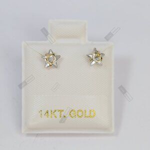 14K Solid Gold Clear Star Stud Earrings • Faceted Crystal Look.